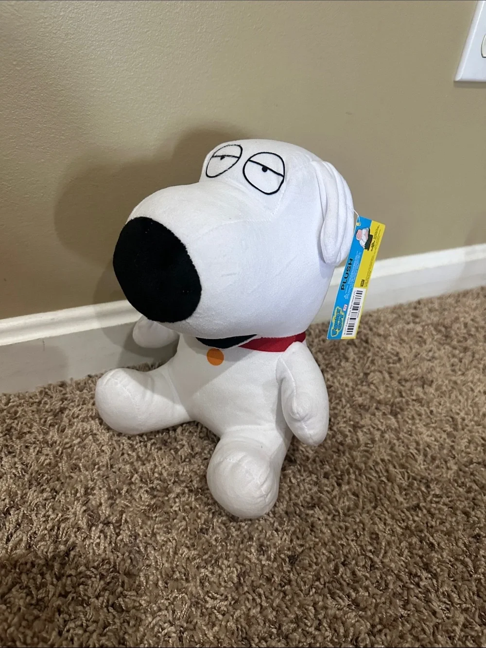 NEW White Plush Dog Toy with Black Nose and Red Collar